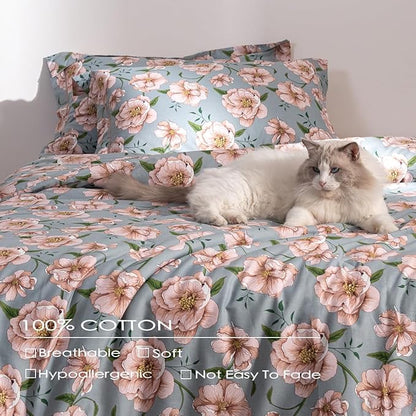 Cotton Comforter Queen Size Set – Blue Green Blush Floral Cotton Shell Bedding, Soft & Breathable, All-Season Down-Alternative Fill, Includes 1 Comforter & 2 Pillow Shams