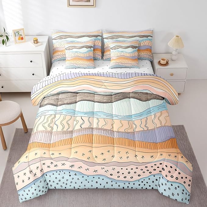Erosebridal Geometric Wave Bed in a Bag 7-Piece Girls Pink Beige Blue Bedding Set, Black Polka Dots Full Size Comforter Set Modern Abstract Art Bedding Comforter Sets, Vintage Minimalist Bed Set