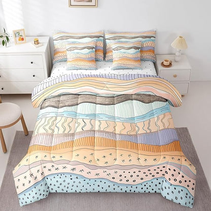 Erosebridal Geometric Wave King Comforter Set 7 Pieces Girls Pink Beige Blue Bedding Comforter Sets, Black Polka Dots Bed in a Bag Modern Abstract Art Bedding Set, Vintage Minimalist Bed Sheets Set