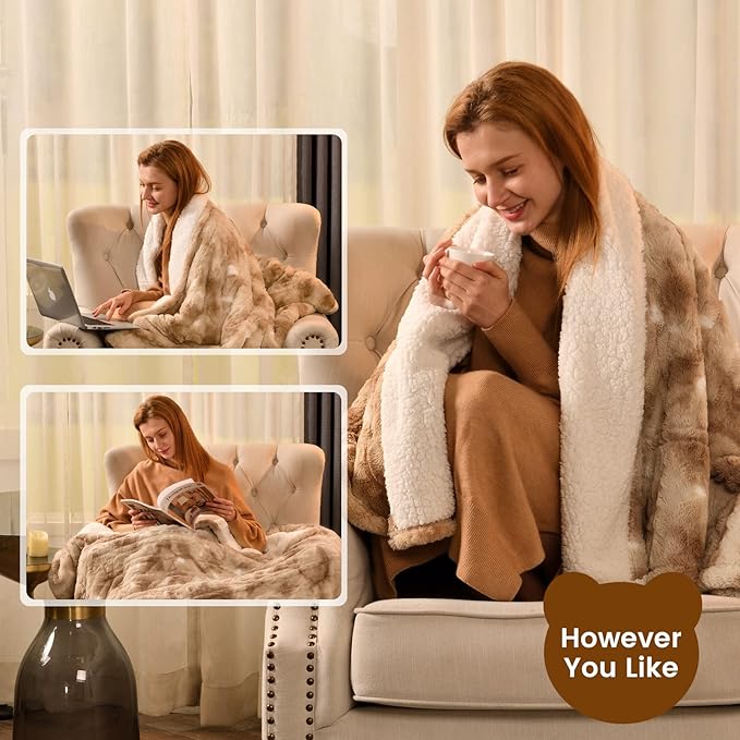 Bearhug Electric Throw Blanket 50" x 60", Faux Fur & Sherpa Heated Throw, 6 Heating Levels & 4H Auto Off, Over-Heat Protect, ETL Certification, Machine Washable