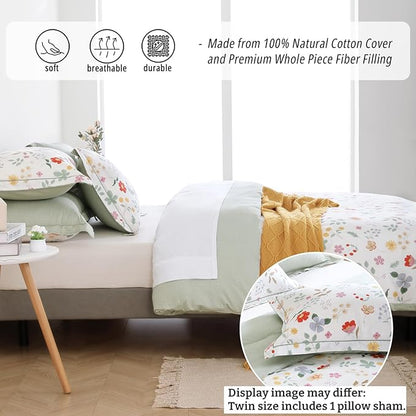 Botanical Cotton Comforter Twin Size 2Pcs - Colorful Flowers, Berries and Leaves on White, Chevron Sage Green Back, Lightweight Bedding Sets with Soft Fill(1 Comfoter, 1 Pillowcase)