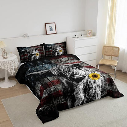Feelyou Highland Cattle Bedding Set Sunflower Highland Cow Comforter Set for Kids Boys Girls America Flag Bull Comforter Animal Quilt Set 1 Comforter Set with 2 Pillowcases Full Size