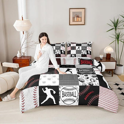 Erosebridal Twin Kids Baseball Comforter Set Softball Bedding Set Sports Game Quilted Comforter for Kids Patchwork Down Comforter Baseball Gift Duvet Insert 2pcs, Red Black Gray,Twin
