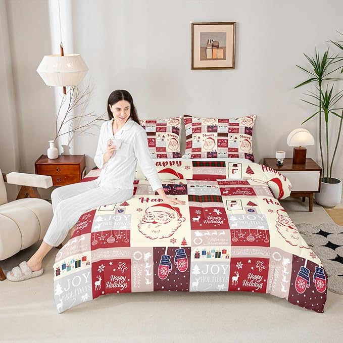 Christmas Santa Claus Comforter Set,Cute Red Geometric Grid Patchwork Bedding Set Kids Girls Boys Room Decor,Cartoon Xmas Deer Snowflake Bells Quilt Set Happy New Year Duvet Insert Full Size