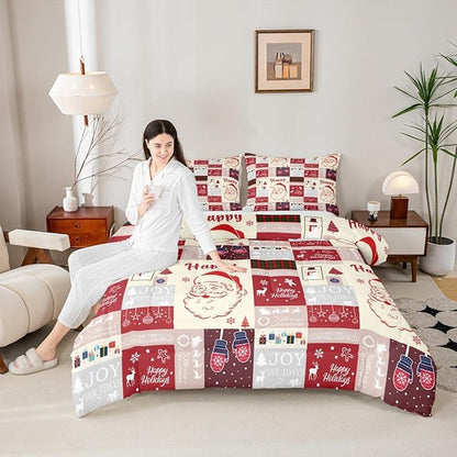 Christmas Santa Claus Comforter Set,Cute Red Geometric Grid Patchwork Bedding Set Kids Girls Boys Room Decor,Cartoon Xmas Deer Snowflake Bells Quilt Set Happy New Year Duvet Insert Full Size