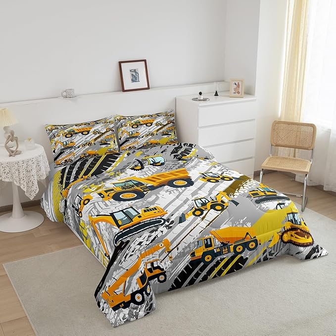 Boys Construction Comforter Set Truck Bedroom Decor for Kids Girls Under Construction Vehicles Down Comforter Toddler Child Cartoon Machinery Truck Excavator Bedding Tractor Cars Duvet Quilt,Queen