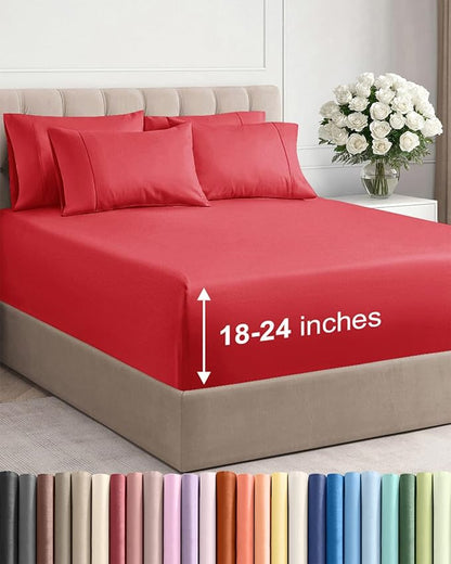 Extra Deep King Sheet Set - 6 Piece Breathable and Cooling Sheets - Hotel Luxury Bedding for Women, Men, Kids & Teens - Easy & Secure Fit - Soft, Wrinkle Free and Comfy with Extra Deep Pockets - Red