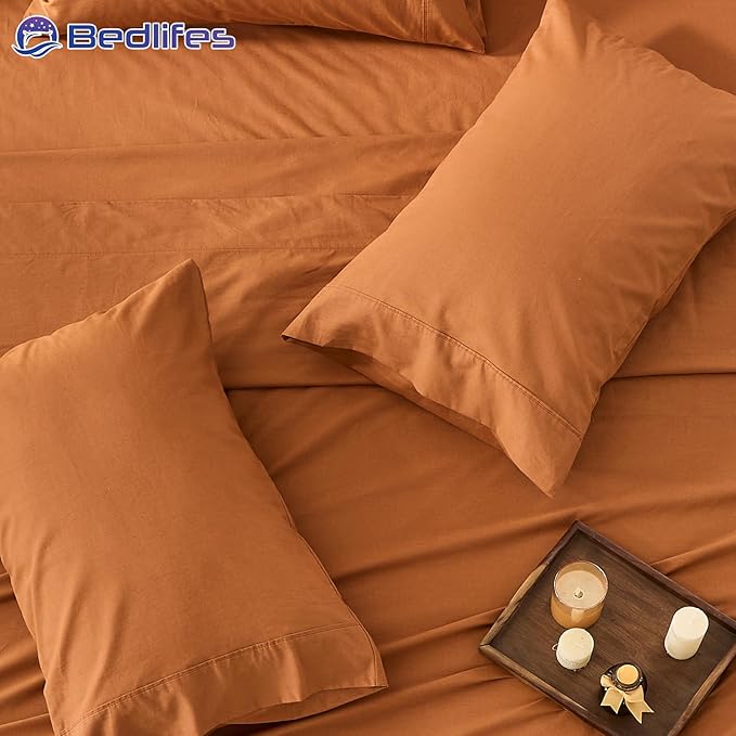 Bedlifes 100% French Pure Linen Sheets Queen Size Breathable and Cooling Flax Sheet Set Soft Durable and Moisture Wicking 16 Inch Deep Pocket-4 Piece(Queen,Brown)