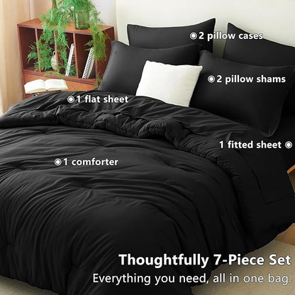 CozyLux California King Comforter Set Black, 7 Pieces Cal King Bed in a Bag Bedding Comforter Set with Sheets, 7PC Bed Sets with Comforter, Fitted Sheets, Flat Sheets, Pillow Shams and Pillowcases