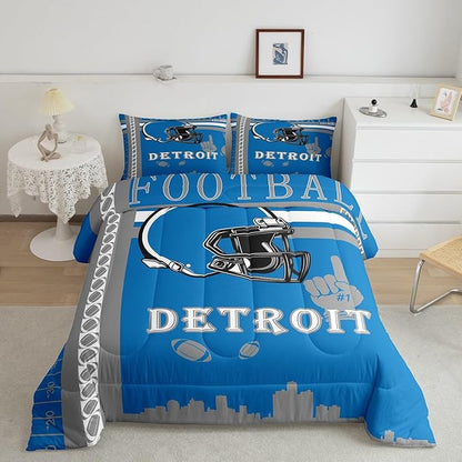 Feelyou Football Bedding Set Boys Girls Twin Size Women Men Rugby Sports Comforter Football City Duvet Quilt Gray Blue Room Decor