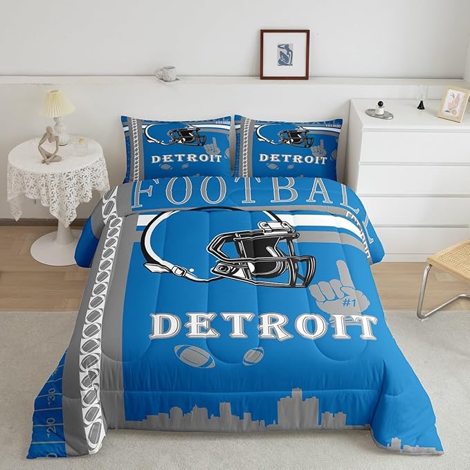 Feelyou Football Bedding Set Boys Girls Toddler Size Women Men Rugby Sports Comforter Football City Duvet Quilt Gray Blue Room Decor