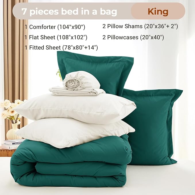 MUXHOMO 7 Pieces King Comforter Set, Soft Bed in a Bag King Size, All Season Bedding Set with Comforter, Flat Sheet, Fitted Sheet, Pillowcases & Shams, Peacock Blue & Ivory