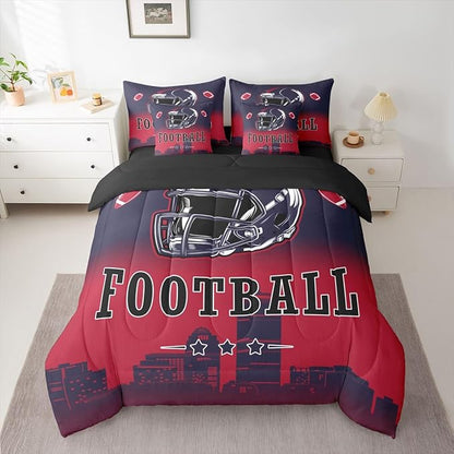Erosebridal Kids Football Comforter Set with Sheets American Soccer Competitive Sports 7 Piece Bedding Set Full for Boys Girls Teen,Rugby Sports Games Bed in A Bag Ball City Bed Set