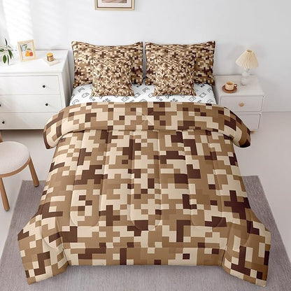 Brown Grid 7Pcs Comforter Set Queen Size for Kids Boys,Sandbox Pixelated Themed Fitted Flat Sheet Teens Men Gamer Room Decor,Miner Style Checked Bedding Set Desert Style 2 Throw Pillow,2 Pillowcases
