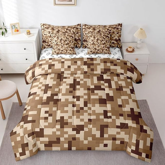 Brown Grid 7Pcs Comforter Set King Size for Kids Boys,Sandbox Pixelated Themed Fitted Flat Sheet Teens Men Gamer Room Decor,Miner Style Checked Bedding Set Desert Style 2 Throw Pillow,2 Pillowcases