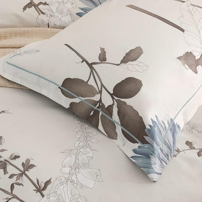 SLEEPBELLA Comforter Twin Size, 600 Thread Count Cotton Brown Branches and Blue Flowers Off-White Comforter Sets, Down Alternative Bedding Set 2Pcs(Twin, Off-White Botanical)