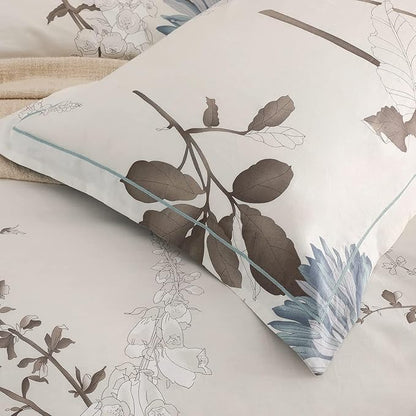 SLEEPBELLA Comforter Twin Size, 600 Thread Count Cotton Brown Branches and Blue Flowers Off-White Comforter Sets, Down Alternative Bedding Set 2Pcs(Twin, Off-White Botanical)