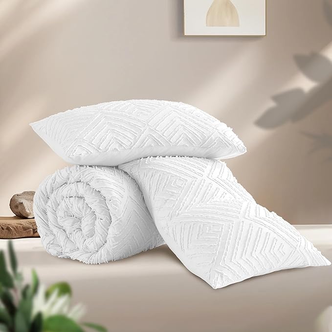 Andency White Oversized King Comforter 120"x120", 3 Pieces White Super King Boho Bedding Set & Collections, Farmhouse Tufted Fluffy Bed Set (1 Comforter, 2 Pillowcases)