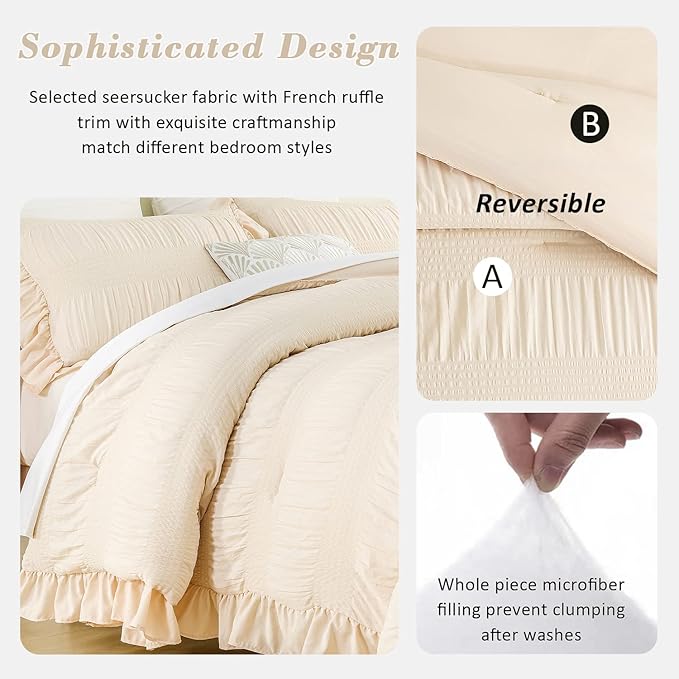 Twin Comforter Set, Seersucker Vintage Comforter Ultra-Soft Bedding Set Twin/Twin XL 3 Piece Set, Down Alternative Light Weight Comforter Set (Beige, Twin 68"x90")