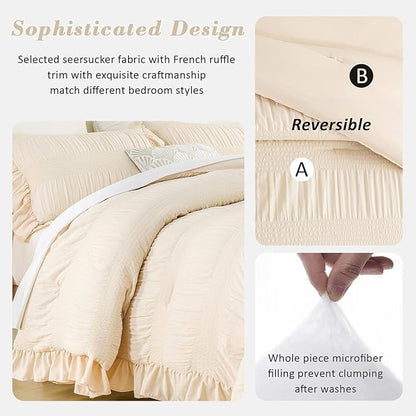 Twin Comforter Set, Seersucker Vintage Comforter Ultra-Soft Bedding Set Twin/Twin XL 3 Piece Set, Down Alternative Light Weight Comforter Set (Beige, Twin 68"x90")