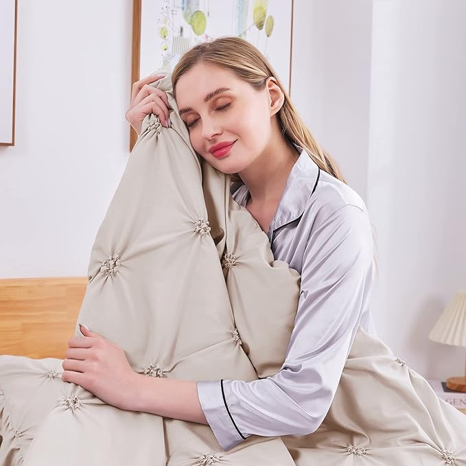 JOLLYVOGUE Beige Twin Size Comforter Sets 5 Pieces,Pintuck Bed in a Bag Comforter Set for Bedroom, Bedding Comforter Sets with Comforter, Sheets,Ruffled Shams & Pillowcases
