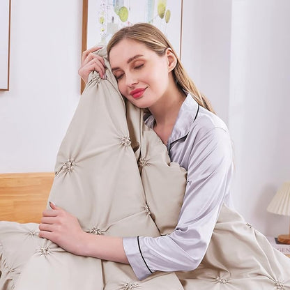 JOLLYVOGUE Beige Twin Size Comforter Sets 5 Pieces,Pintuck Bed in a Bag Comforter Set for Bedroom, Bedding Comforter Sets with Comforter, Sheets,Ruffled Shams & Pillowcases