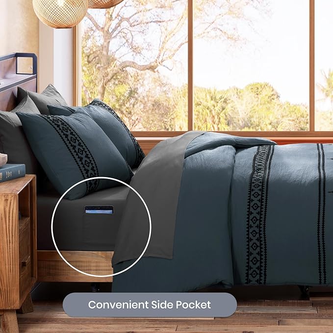MaiRêve Embroidery King Size Comforter Set Blue Grey, Boho Farmhouse Western Bedding Set 7 Pieces, All Season Bed in A Bag Comforter Set with Sheets, Pillowcases & Shams