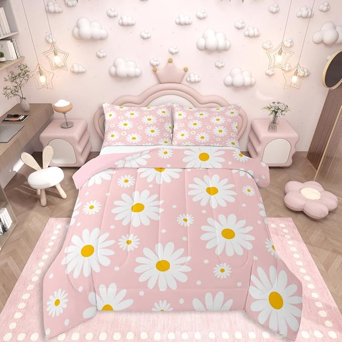Erosebridal Flower Comforter Set Pink Daisy Floral Girls King Bedding Set Cute Cartoon Flowers Comforter for Kids Teen Women Bedroom All Season,Kawaii Bed Set with 2 Pillowcases