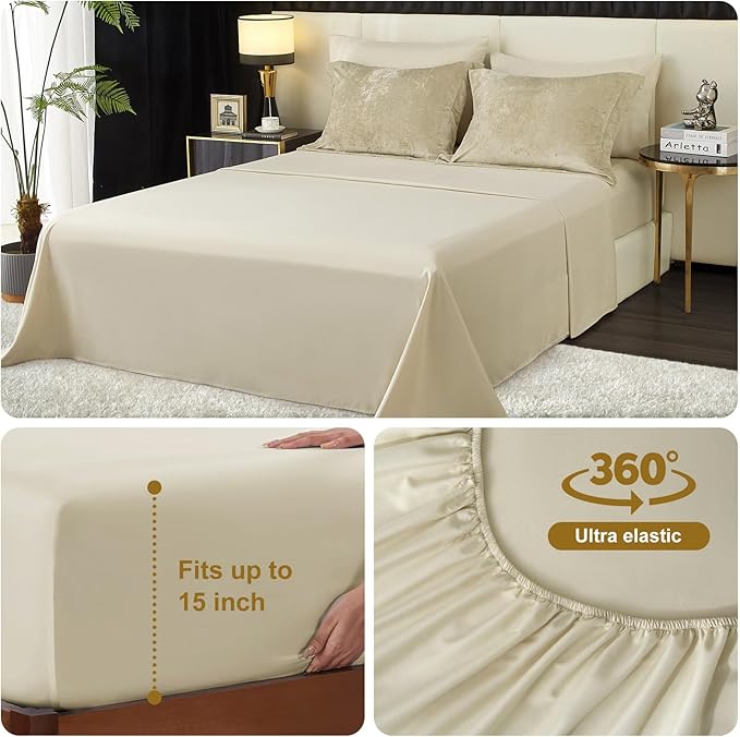 Ivellow Queen Comforter Set 7 Pieces Bed in a Bag Crushed Velvet Comforter Set Flannel Queen Beige Comforter Ultra Soft Breathable Luxury Soft Warm Winter Bedding Set with Sheets, Pillowcases & Shams