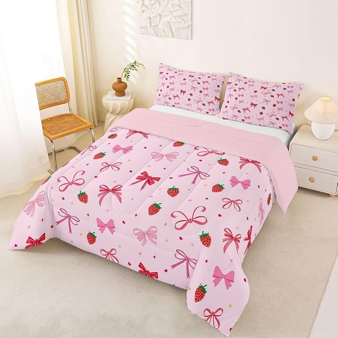 Feelyou Pink Bow Kids Comforter Set Twin Size Cute Strawberry Bedding Set Kawaii Bowknot Duvet Quilt for Kids Boys Girls Bedroom Princess Decor Decor Microfiber Ultra Soft Breathable