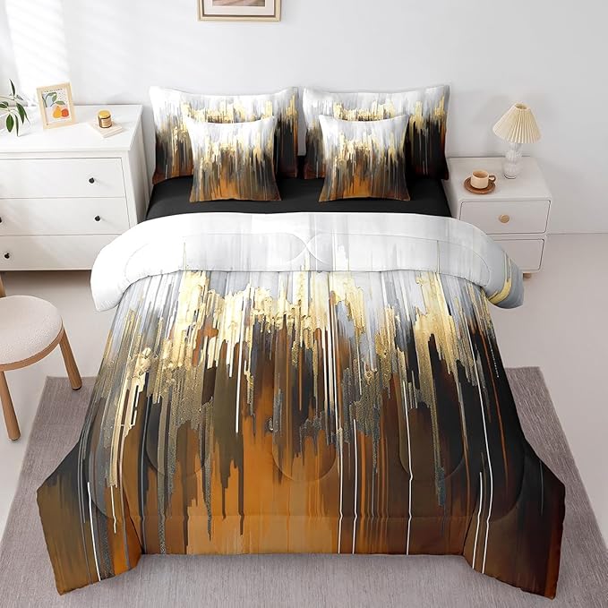 Erosebridal Brown Bed in a Bag 7-Piece Ombre Abstract Bedding Set, Brush Marks Gradient Full Size Comforter Set Contemporary Golden Metallic Bedding Comforter Sets, Watercolor Stripe Aesthetic Bed Set