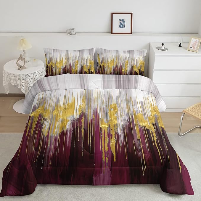 Wine Red White Gold Gradient Color Print Comforter Set Queen Size,Abstract Art Bedding Set,Patchwork Printed Quilted Set for Teens Adult,with 1 Comforter and 2 Pillow Case