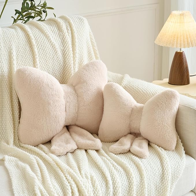 Xuyier Bow Pillows, Bow Shaped Decorative Throw Pillows for Couch Bed, Aesthetic Cute Home Decor Accent Pillows (Beige, Small-12 Inches)