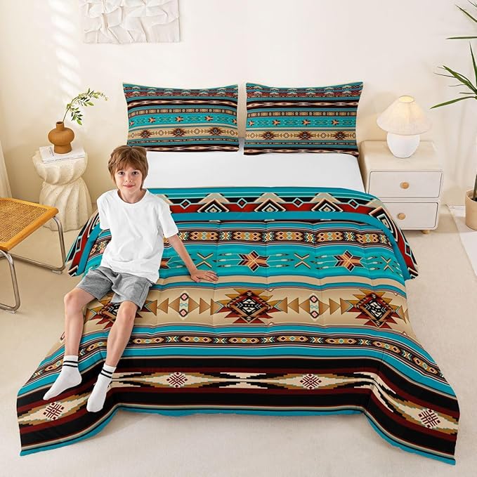 Aztec Bedding Set Ethnic Tribal Arrow Queen Comforter Set,Vintage Southwestern Native Bohemian Quilt,Western Star Duvet Insert Exotic Geometric Diamond Stripes Room Decor,Teal Blue and Brown