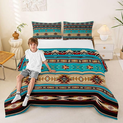 Aztec Bedding Set Ethnic Tribal Arrow Queen Comforter Set,Vintage Southwestern Native Bohemian Quilt,Western Star Duvet Insert Exotic Geometric Diamond Stripes Room Decor,Teal Blue and Brown
