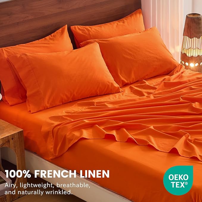 Bedlifes 100% French Flax Linen Sheets Set California King Size-6 Piece Extra Deep Pocket 18-24",Soft Breathable Cal King Bed Sheets with Temperature Regulating & Moisture-Wicking(Orange