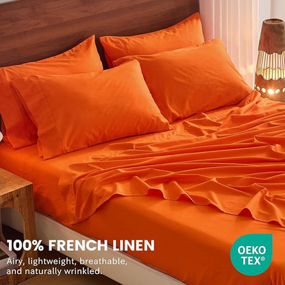 Bedlifes 100% French Flax Linen Sheets Set King Size - 6 Piece Extra Deep Pocket 18-24",Soft Breathable King Bed Sheets with Temperature Regulating & Moisture-Wicking(Orange