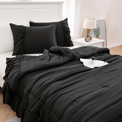 Black Comforter Set King Boho Bedding Set Shabby Chic 2 Layers Ruffled Bedroom Home Decor Ultra Soft Microfiber Farmhouse Down Comforter Bohemian Quilt Set