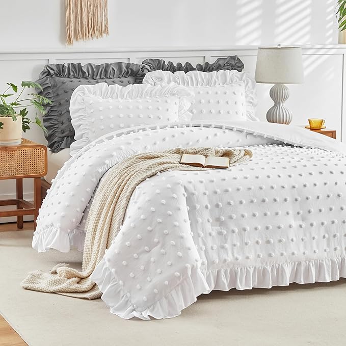 Flysheep Tufted Dots Ruffle Comforter Set Twin Size, 3 Pieces White Vintage Farmhouse Shabby Chic Comforters, Jacquard Boho Bohemian Bedding Set for Kids (1 Ruffled Comforter+ 2 Pillow Shams)
