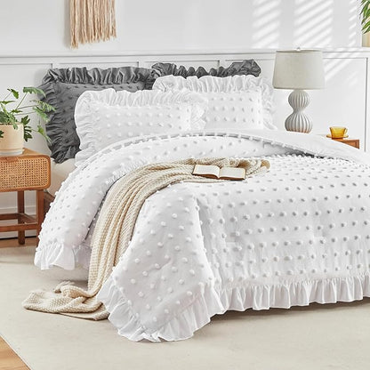 Flysheep Tufted Dots Ruffle Comforter Set Twin Size, 3 Pieces White Vintage Farmhouse Shabby Chic Comforters, Jacquard Boho Bohemian Bedding Set for Kids (1 Ruffled Comforter+ 2 Pillow Shams)