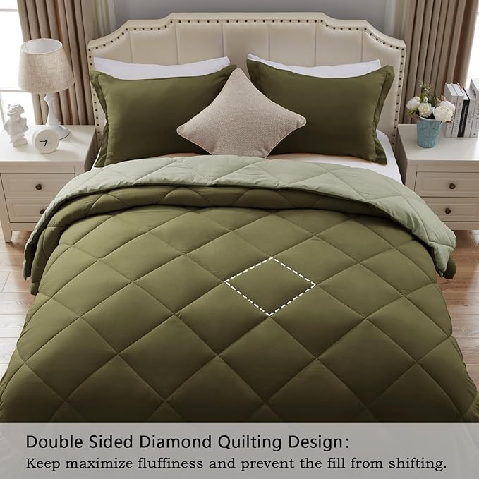 NexHome Twin Comforter Set Olive&Sage,2 Pieces Lightweight Comforters Twin Size Reversible Bedding Comforters Sets,Down Alternative Comforter Bed Set Quilt Blanket(68x88In Comforter & 1 Pillowsham)