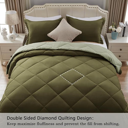 NexHome Twin Comforter Set Olive&Sage,2 Pieces Lightweight Comforters Twin Size Reversible Bedding Comforters Sets,Down Alternative Comforter Bed Set Quilt Blanket(68x88In Comforter & 1 Pillowsham)