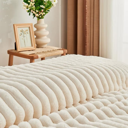 Lotus Karen Faux Fur Queen Comforter Set 3 Pieces – Soft Fluffy White Comforter Full Size, Vertical Striped Faux Rabbit Fur Fuzzy Warm Bedding Set（1 Comforter and 2 Pillowcases）