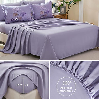Yiran Queen Comforter Set, 7 Piece Floral Purple Bedding Set, Dandelion Botanical Bed in a Bag Queen, Soft Microfiber Complete Bedding Set with Comforter, Sheets, Pillowcases & Shams