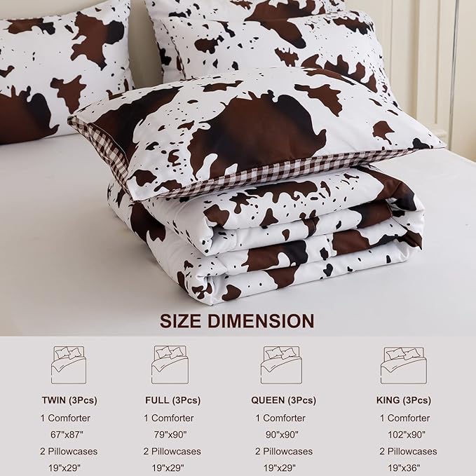 PERFEMET 3 Pieces Boys Twin Comforter Set, Brown White Cow Print Kids Bedding Set with Pillowcases, Geometric Reversible Western Style Bed Set for Teen Boy (Brown White, Twin)