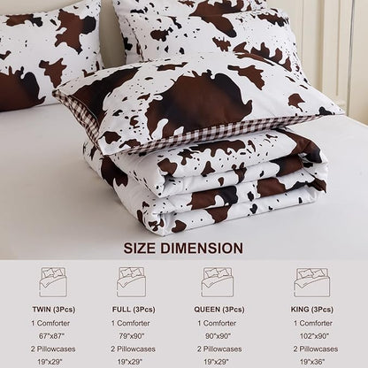 PERFEMET Cow Print Boys Comforter Full Size 3 Pieces - (1 Comforter & 2 Pillowcases), Cowhide Western Bedding Set for Kids Girls, Reversible Plaid Teen Boy Bed Set (Brown White, Full)