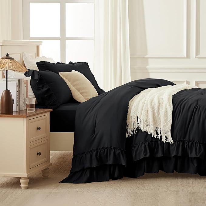 Andency Oversized King Ruffle Comforter Set, 3 Pieces Shabby Chic Farmhouse Bedding Set, Lightweight Soft Comforter Set 120x98 for Girls Women (1 Comforter 2 Pillowcases), Black