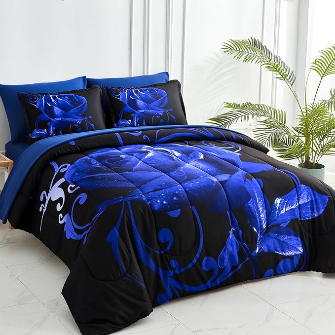 WONGS BEDDING Blue Comforter Set Queen 7 Pieces, Rose Pattern Bed in a Bag, Lightweight Soft Microfiber Bedding Sets with Comforter, Flat Sheet, Fitted Sheet, Pillowcases
