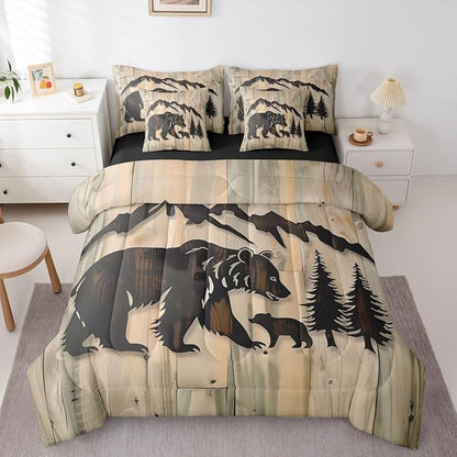 Erosebridal Rustic Cabin Bear 7 Piece Comforter Set Queen | Jungle Hunting Wildlife Bed in A Bag Wild Animals Sheet Set Reversible Grain Barn Door Farmhouse Fitted Sheet Breathable Lightweight
