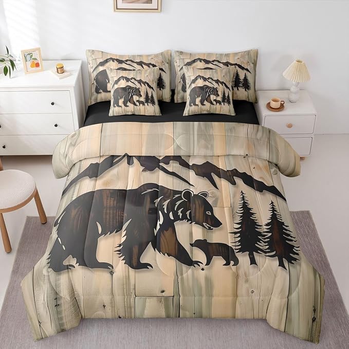 Erosebridal Rustic Cabin Bear 7 Piece Comforter Set Full | Jungle Hunting Wildlife Bed in A Bag Wild Animals Sheet Set Reversible Grain Barn Door Farmhouse Fitted Sheet Breathable Lightweight